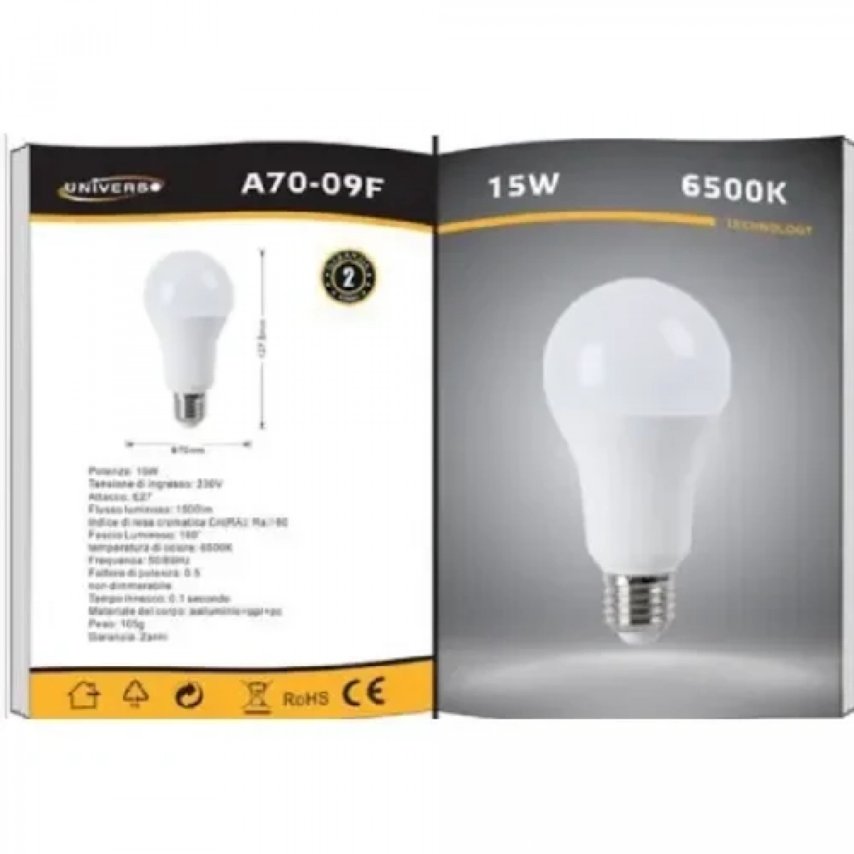 Λάμπα LED E27 A70 15w 1500lm Ψυχρό Φως 6500K Universo A70-09F